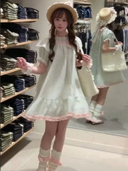 Hnewly  Mini Dresses Women Sweet Bow Ruffles Patchwork Puff Short Sleeve Summer Fashion Casual Party Dress Princess Casual