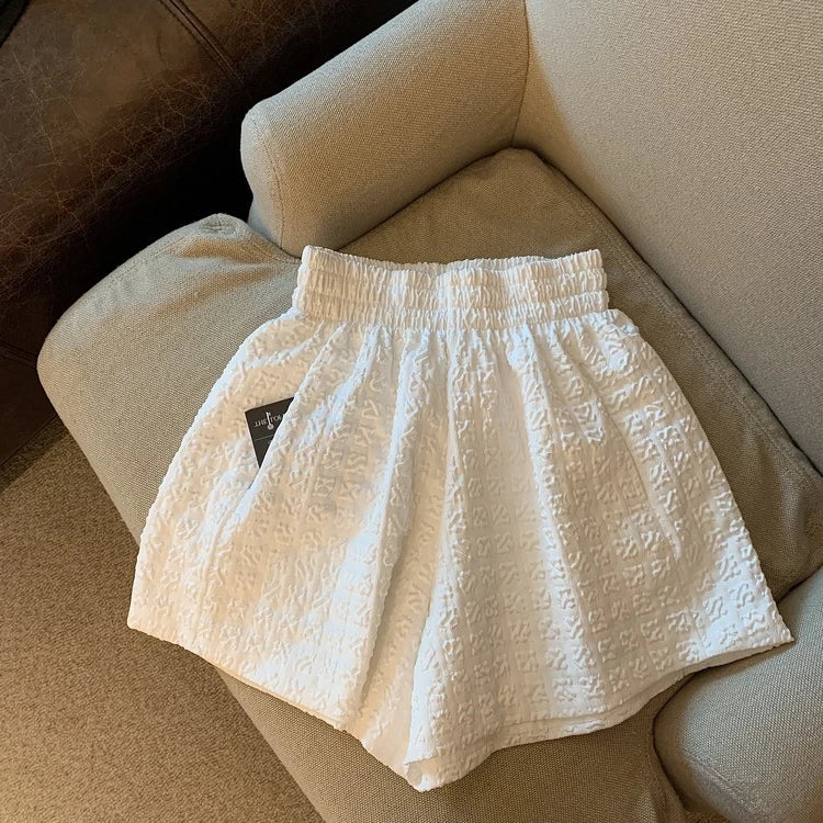 Hnewly  Black White Jacquard Shorts Women 2025 Summer Elastic High Waist Pockets Wide Leg Shorts Woman Loose Streetwear Half Pants