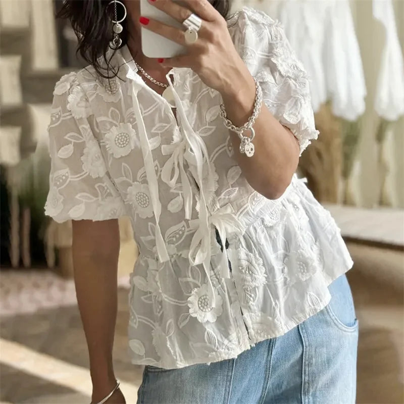 Hnewly Babydoll Tops Women y2k Clothes Floral Embroidery Round Neck Puff Short Sleeve Shirts Elegant White Blouses Streetwear