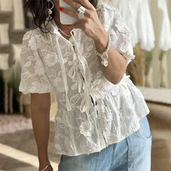 Hnewly Babydoll Tops Women y2k Clothes Floral Embroidery Round Neck Puff Short Sleeve Shirts Elegant White Blouses Streetwear