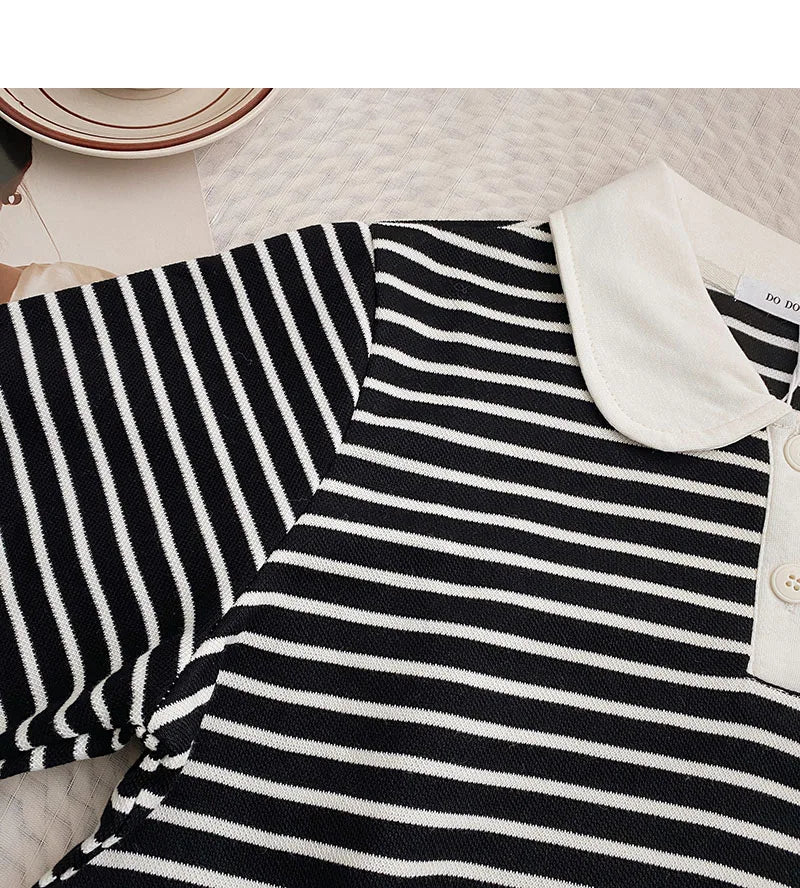 Hnewly  Classic Black White Striped Sweatshirts Casual Loose Turn-down Collar  Women's Spring 2025 New Korean Long Sleeve T-shirt Top