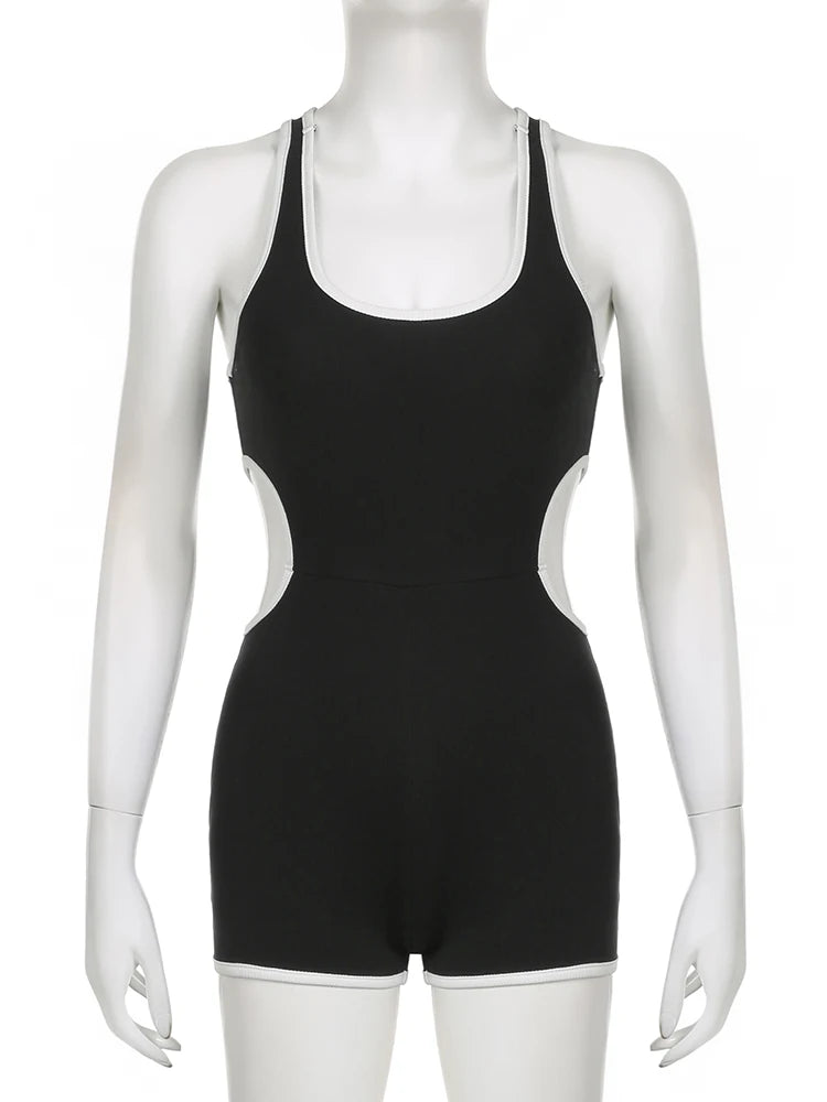 Hnewly Sporty Activewear Basic Hollow Out Playsuits Sexy Slim O-Neck Sleeveless Rompers Women Summer Fashion Streetwear