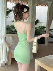 Hnewly  Mini Dresses Women Flowers Patchwork Slash Neck Slim Backless Ruched Sweet Elegant Party Dress Clubwear Female Chic
