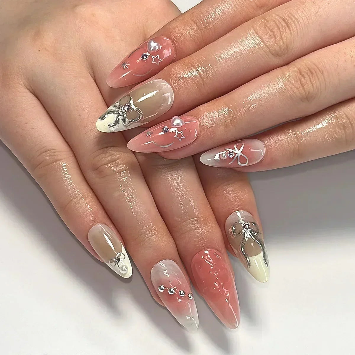 Hnewly 24Pcs Almond False Nails Cute Strawberries with French Design Simple White Wearable Fake Nails Decoration Press on Nail Tips Art