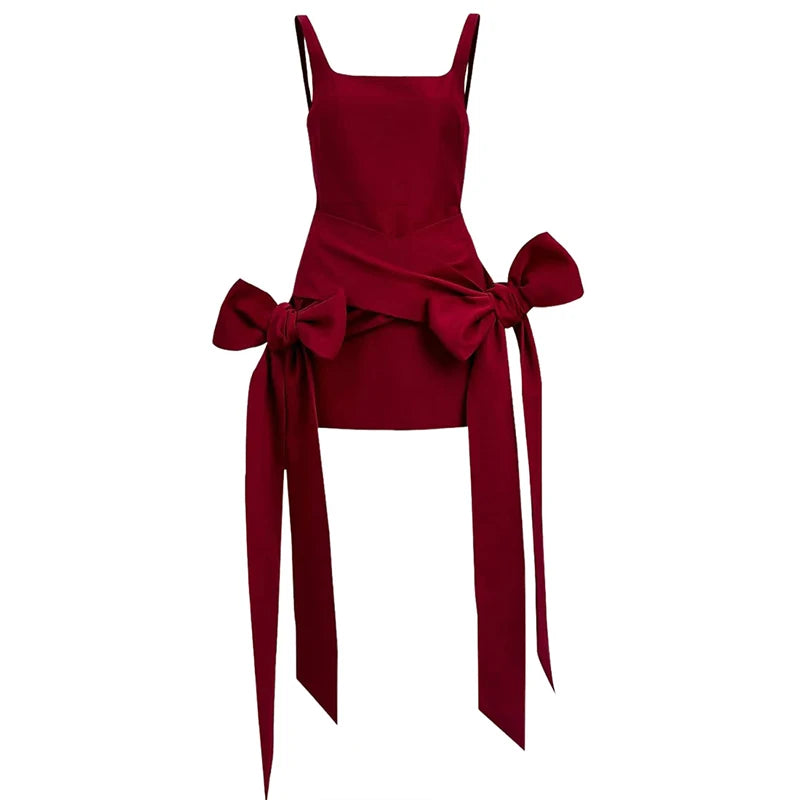 Hnewly  Fashion Red Bowknot Mini Dress Straps Square Collar Sleeveless Backless Vintage Cute Ladies Slim Party Short A-line Dresses