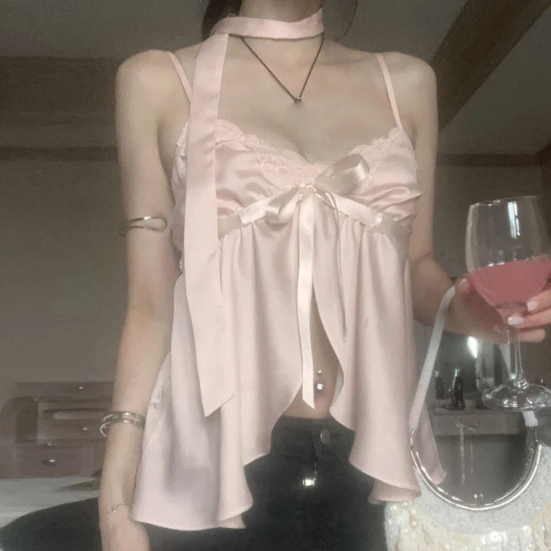 Hnewly Kawaii Bandage Lace Pink Camisole Women Sexy Sweet Patchwork Satin Crop Tops with Slit Summer y2k Vintage Tank Tops Cute