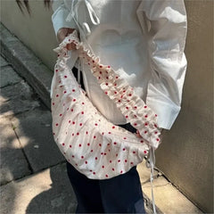 Hnewly  Sweet Cute Polka Dot Tote Bag Women Crinkle Lace Large Capacity Canvas Shoulder Bag Ladies Casual Versatile Daily Crossbody Bags
