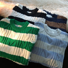 Hnewly  Women Striped Retro Knitted Sweater Spring Autumn Loose Versatile Pullover Casual Fashion Holes Round Neck Long Sleeved Top