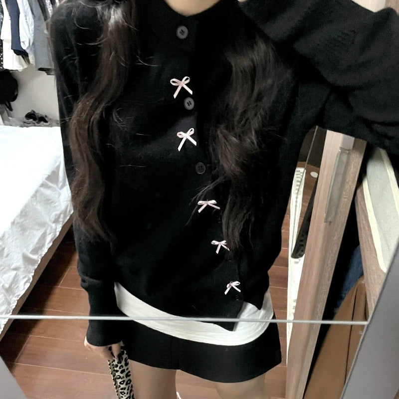 Hnewly Korean Style Sweet Bow Knitted Cardigan Women Elegant Black Sweaters Kawaii Irregular Long Sleeve Cardigan Aesthetics
