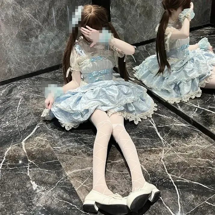 Hnewly  Silver Moon Kawaii Lolita Ballet Style JSK Mini Dress Women Daily Sweet Pink Bow Lace Sling Princess Doll Dresses Y2k Vestidos