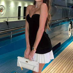 Hnewly  Patchwork Contrast Color Slash Neck Sleeveless Summer Women's Clothing Pullover Casual Sexy Bag Hip Mini Skirts A-Line Dresses