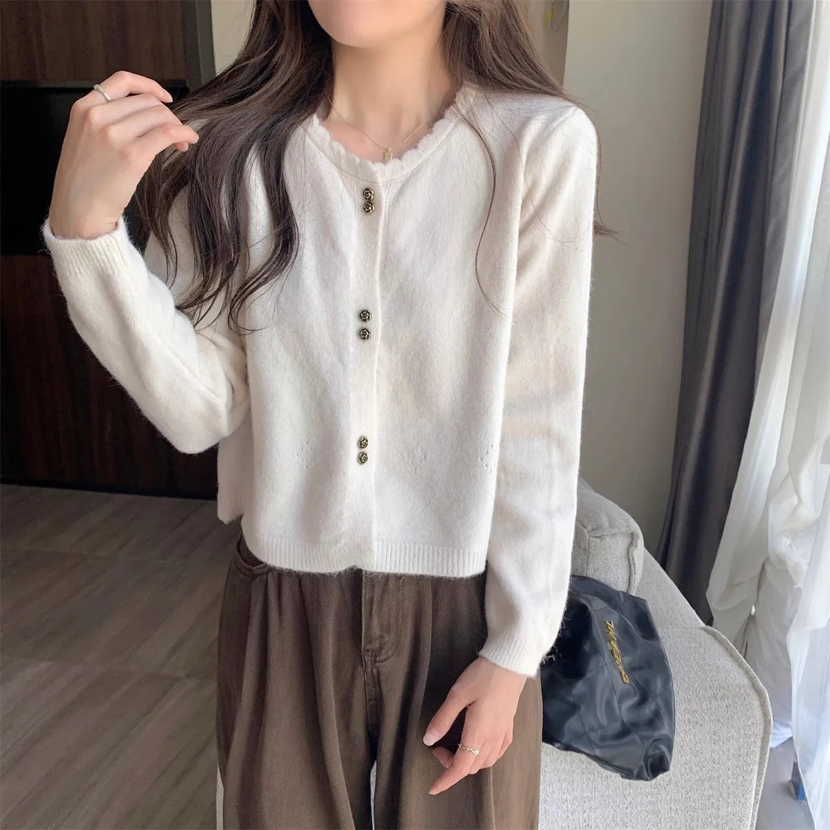 Hnewly  Sweet Short Hollowed Out Sweater Chic Buttons Long Sleeved Knitted  Cardigan Jacket Korean series Round Neck Loose Top