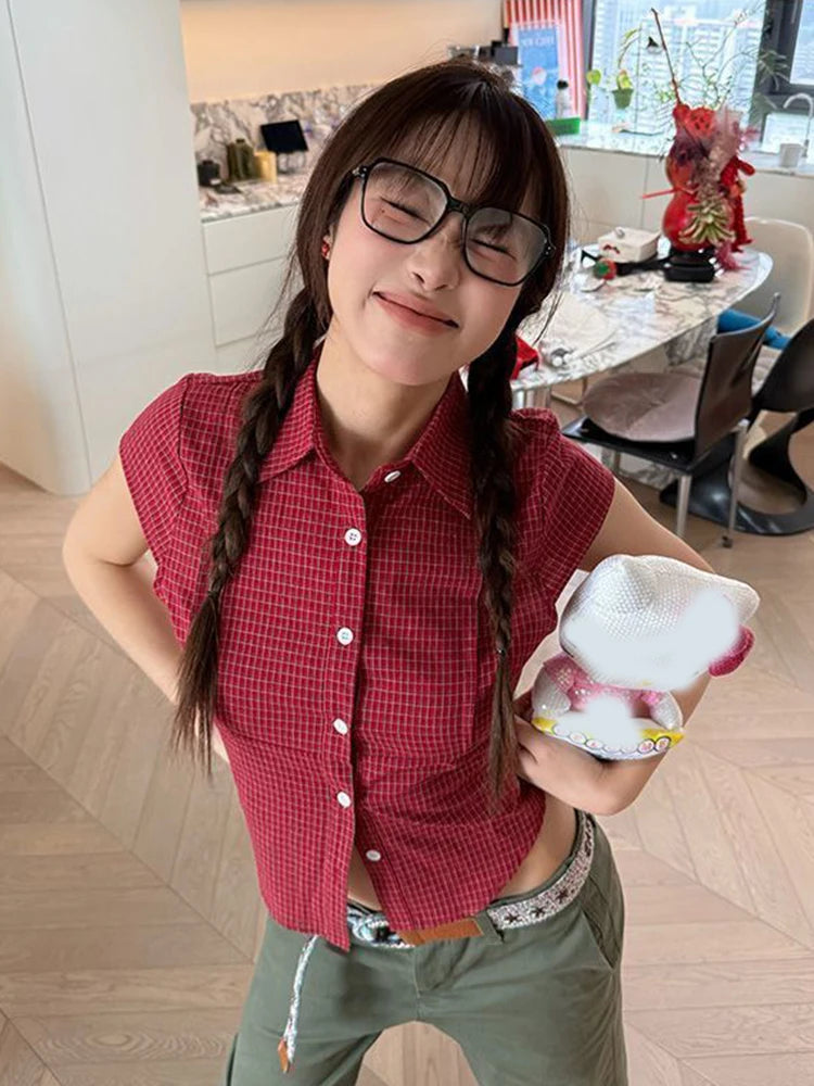 Hnewly Pure Cotton Red Plaid Shirt Women Slim Sexy Cropped Short Sleeve Y2K Blouse Vintage American Streetwear Female Summer Tops