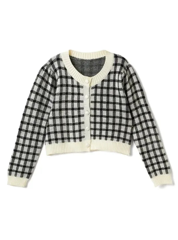 Hnewly  Women Checkerboard Crop Knit Cardigan Sweater Long Sleeve Button-up Box-fit Plaid Knit Top Teenage Girls Outfit