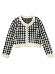 Hnewly  Women Checkerboard Crop Knit Cardigan Sweater Long Sleeve Button-up Box-fit Plaid Knit Top Teenage Girls Outfit