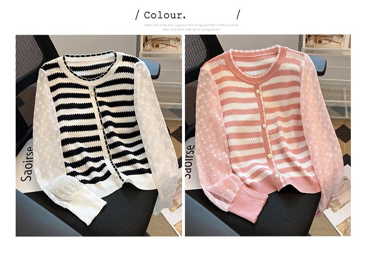 Hnewly  Striped knitted Sweater For Women's Spring Autumn French Elegant Round Neck Long Sleeved Patchwork Chiffon Loose All-Matched Top