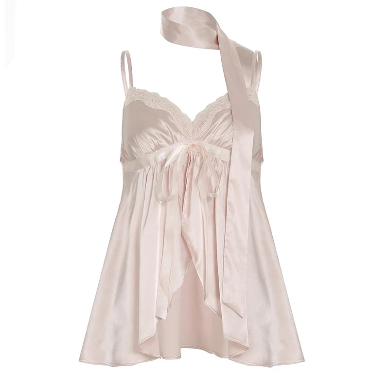 Hnewly Kawaii Bandage Lace Pink Camisole Women Sexy Sweet Patchwork Satin Crop Tops with Slit Summer y2k Vintage Tank Tops Cute