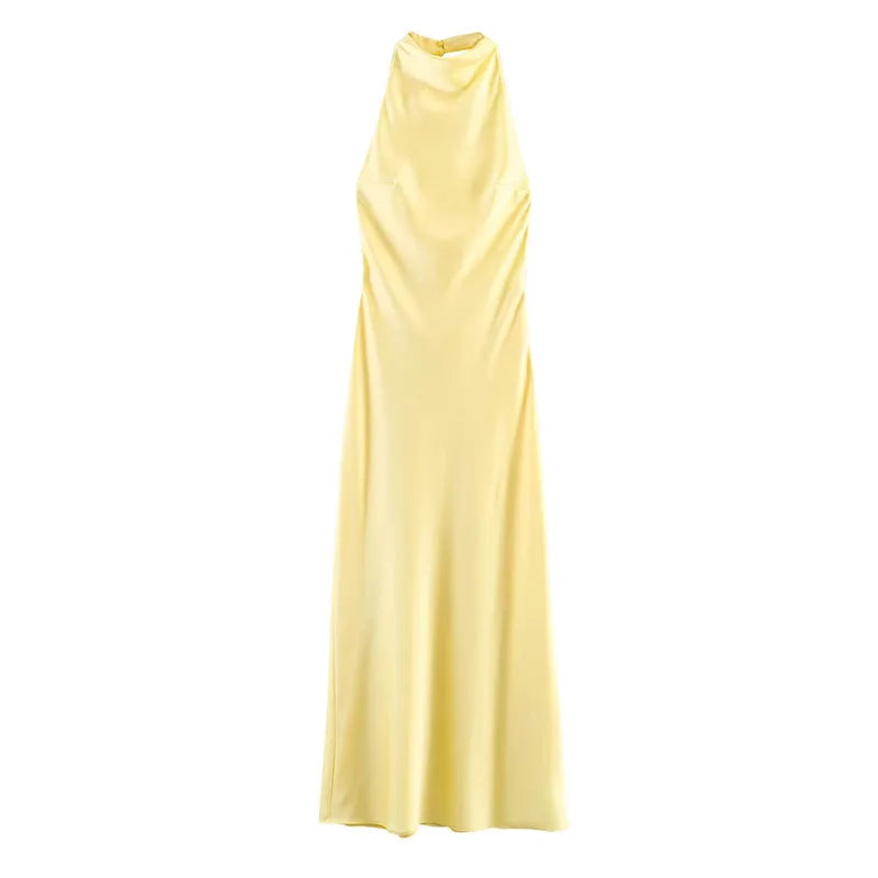 Hnewly  Elegant Silk Women's Dress Fashion Solid Sleeveless Backless Slim Maxi Dresses Summer Chic Female Vacation Holiday Robe
