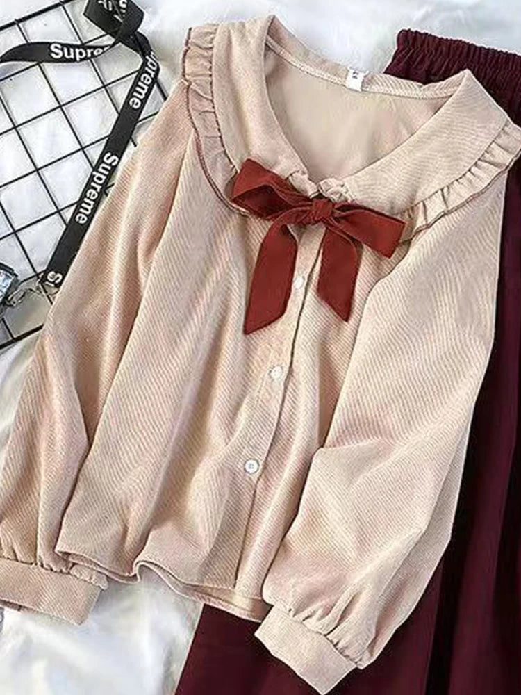 Hnewly spring birthday outfit Korean Girl Kawaii Suits Peter Pan Collar Tie Fashion Shirt High Waist + Slim Double Fungus Edge Retro Skirt Elegant Set