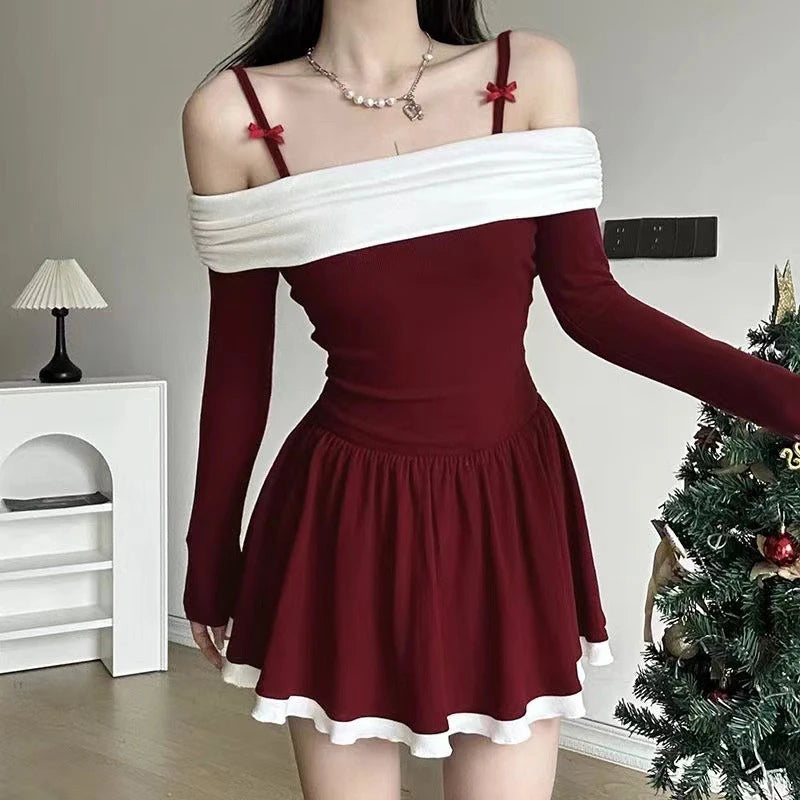 Hnewly Christmas Dress Women y2k Clothes Contrast Color Cold Shoulder Long Sleeve A Line Mini Dress Evening Party Dresses