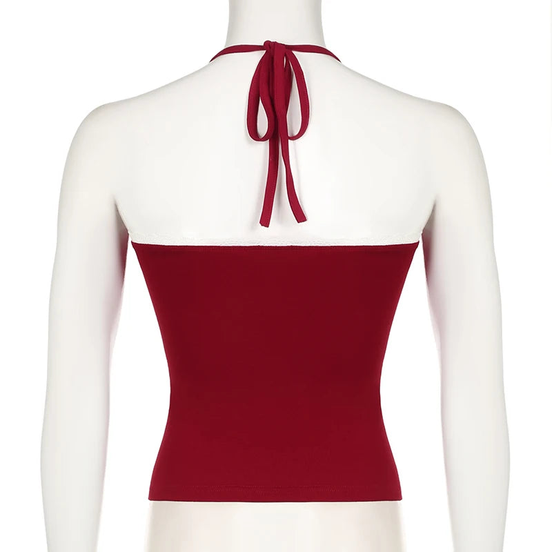 Hnewly Fashion Red Lace Trim Folds Skinny Halter Top Summer Backless Off Shoulder Y2K Holidays Crop Top Sexy Women's Clothes