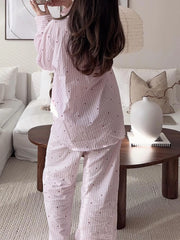 Hnewly  Women's Two Pieces Set Striped Heart Print Shirt and Pants Loungewear Set Long Sleeve Casual Cozy Set for Home