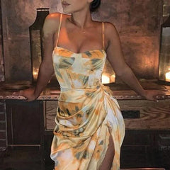 Lunivop  Women Y2k Vintage Yellow Tie Dye Flower Print  Spaghetti Strap Dress Hem Slim Waist Slit Irregular Dresses Sling Vestido