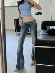 Hnewly Women's Low Waisted Micro Flared Narrow Jeans Summer New Casual Slim Retro Blue Denim Pants Female Sexy Bell-bottoms Trousers
