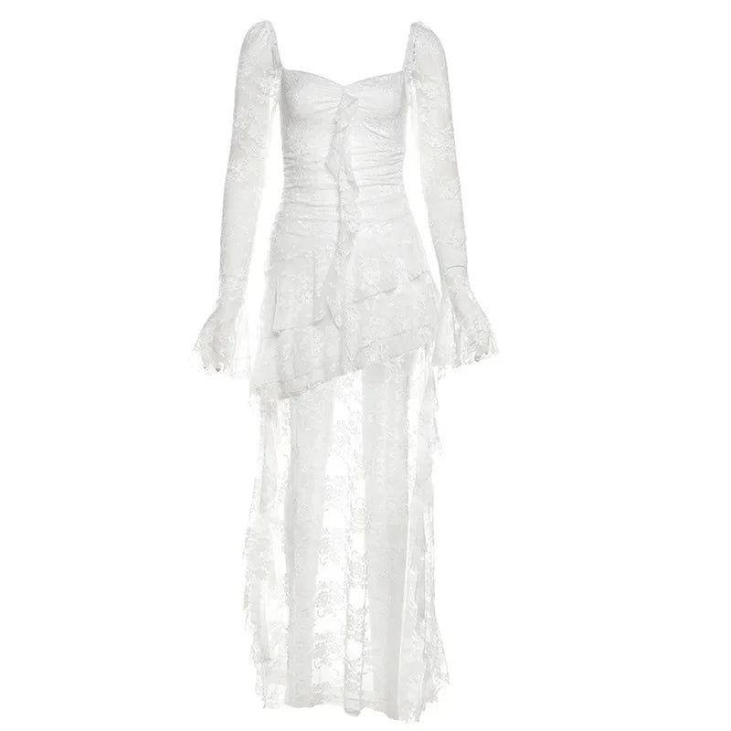 Hnewly  Fairycore Lace Flare Sleeve Square Neck A-line Dress Sweet E-girl Irregular Long Hem Dresses Cyber Y2K Party Vestido