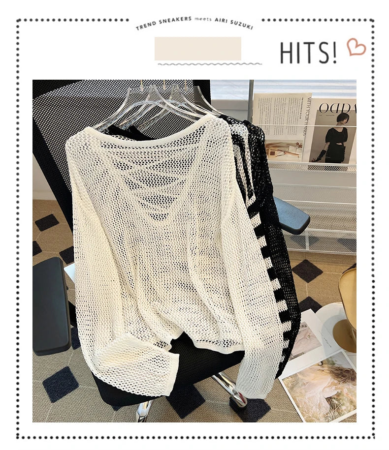 Hnewly Black White Striped Ice Silk Knitted Sweater Women Long Sleeved Loose Lazy Style Mesh Pullover Spicy Girl Hollow Out Top