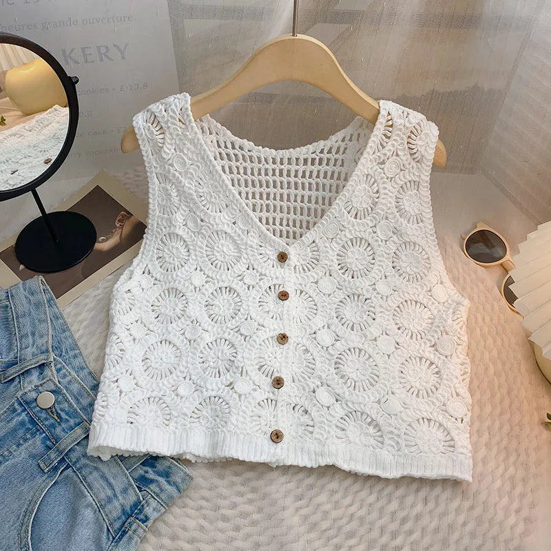 Hnewly Women Summer Hollow Out Knit Vest French Style V-Neck Sleeveless Hooked Flower Sweater 2023 New All-Match Outwear Short Top
