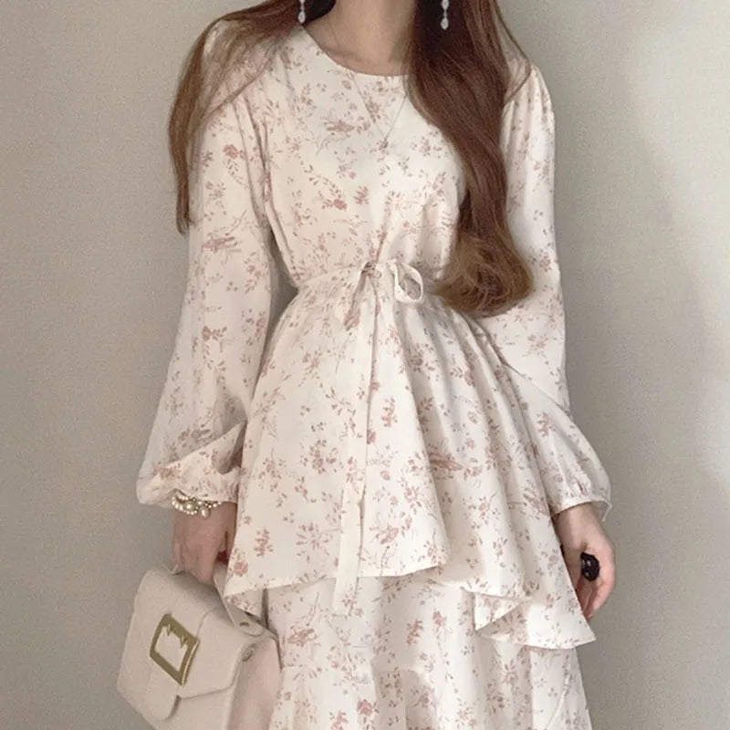 Hnewly  Bohemian Floral Print Dresses Women Fashion Korean Puff Sleeve Midi Dress Elegant Belted Layered Ruffled Hem Vestidos