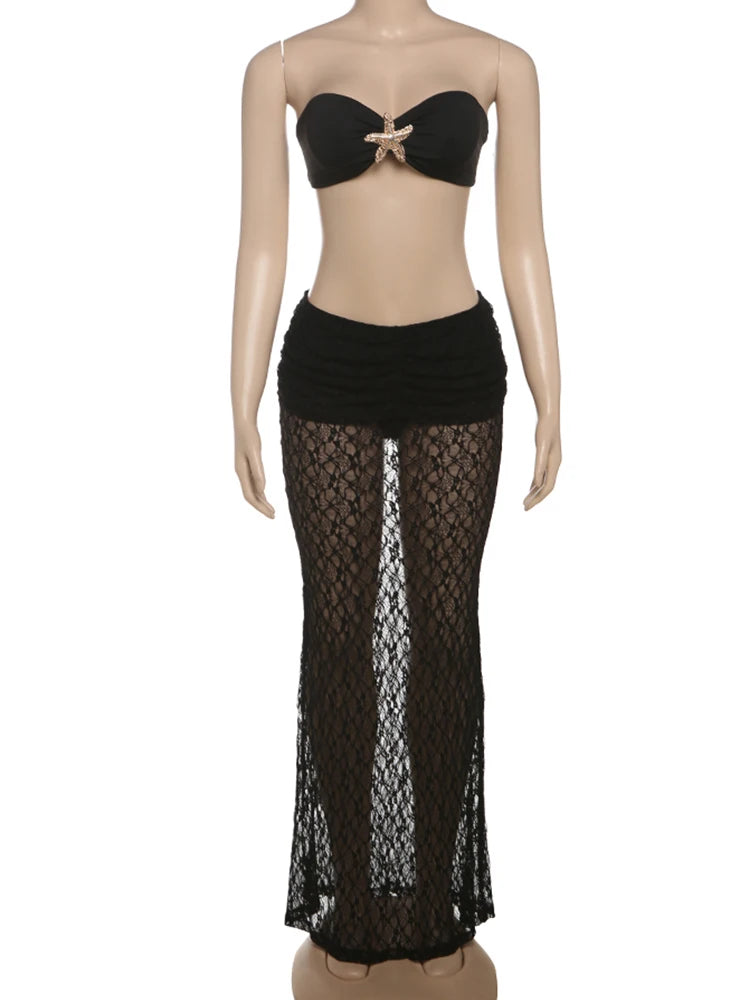 Hnewly  Starfish Metal Women 2 Piece Set Summer Vacation Beach Jacquard Strapless Tops+Skirt Elegant Matching Clubwear Suit