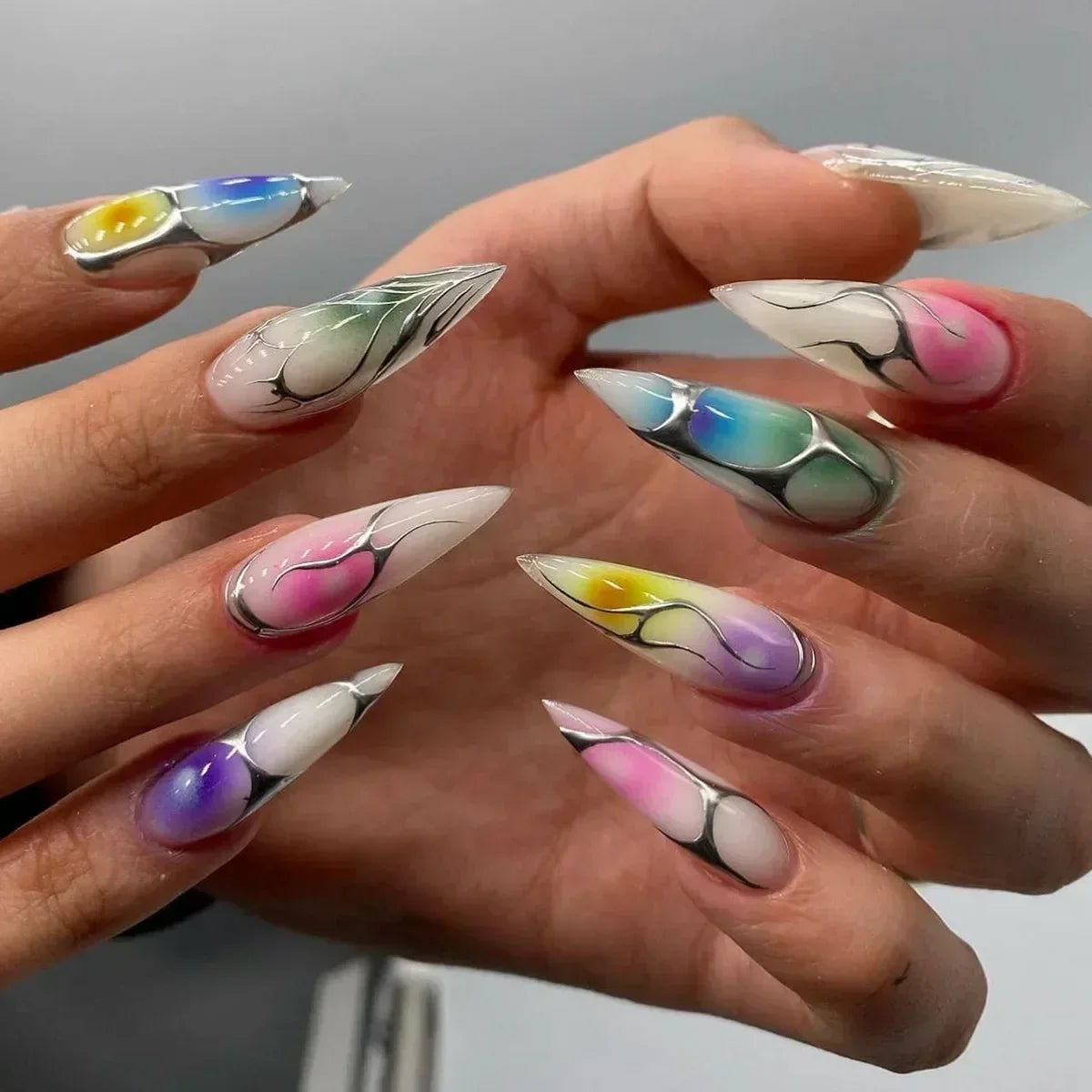 Hnewly 24Pcs French Almond False Nails Glitter with Rhinestones Wearable Fake Nails Artificial Simple Full Cover Press on Nails Tips