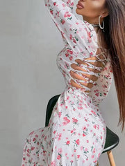 Hnewly  Women Elegant Floral Print Slim Long Dress Sexy Square Neck Backless Full Lantern Sleeve Split Robe Lady Vacation Gowns New