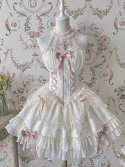 Hnewly  Gothic Lolita Suspender Dress Women Sweet Cool Bow Cross Slim Lace Halter Neck JSK Dresses