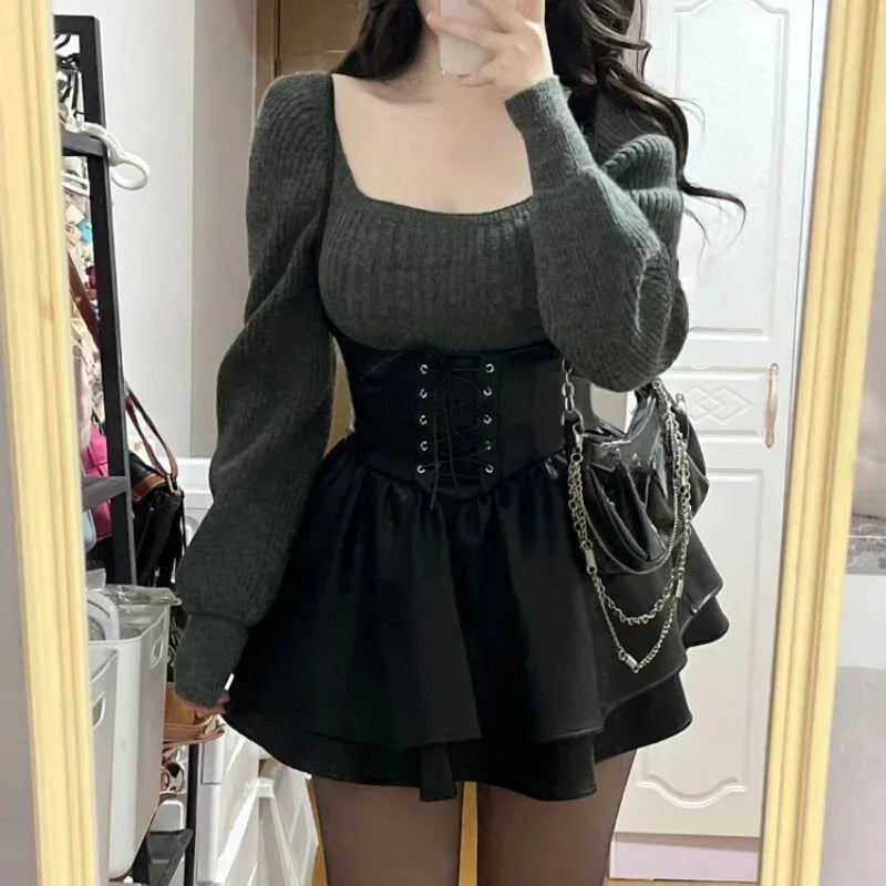 korean fashion mini dress Harajuku Korean Fashion Corduroy Mini Dress with Belt (Gray) The Kawaii Factory
