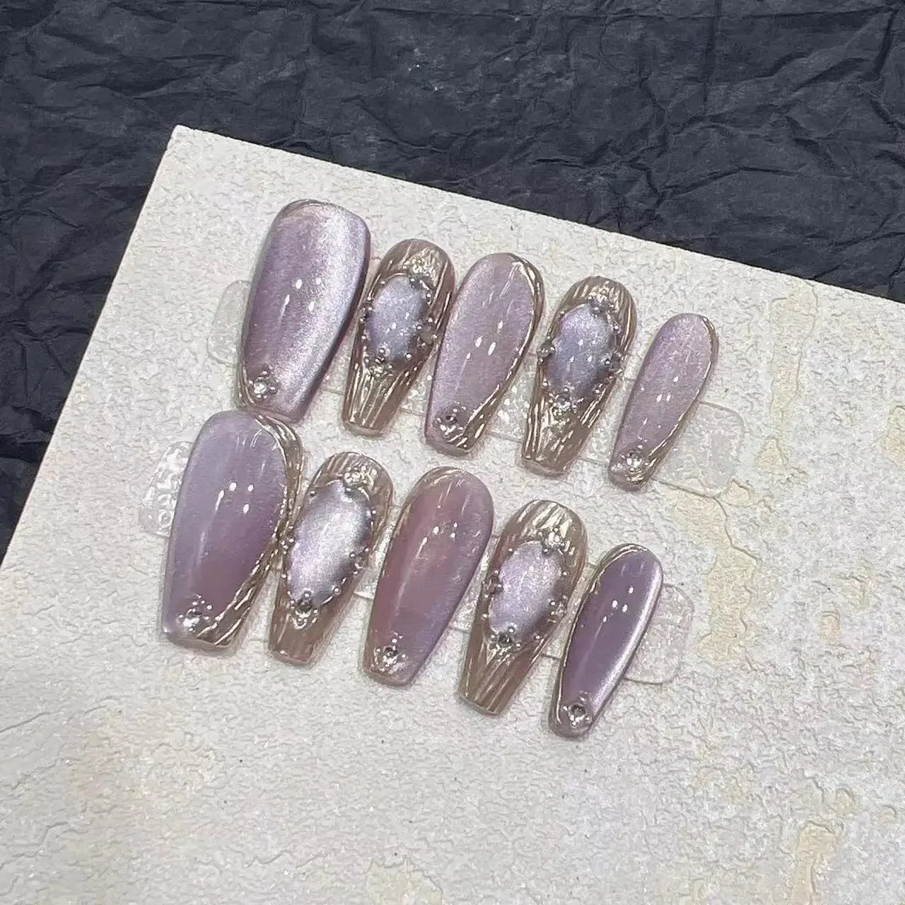 Hnewly 10Pcs Handmade Press on Nails Full Cover Cat Eye Rhinestone Design Nude Color French Ballerina False Nails Manicure Nail Tips