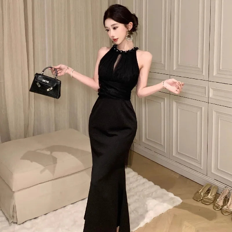 Hnewly  Woman Dress Temperament Beaded Sleeveless Halter Elegant Mesh Patchwork Vintage Temperament Dresses Party Ladies