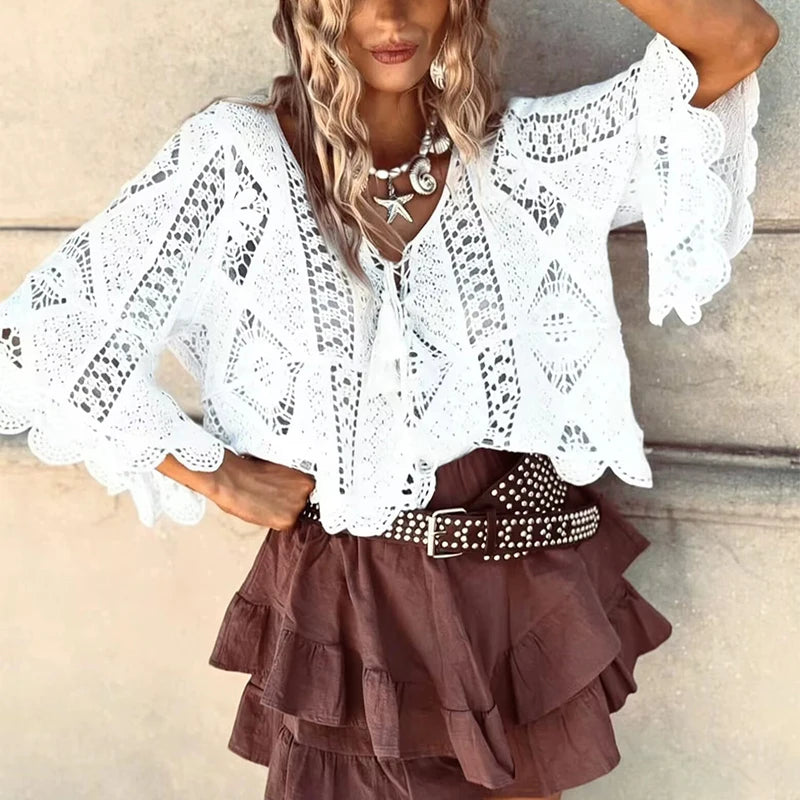 Hnewly  Sexy Flared Sleeves Solid Color Beach T-shirt Spring Summer Loose Knitted Top Tees Fashion Women's V-neck Lace Up Hollow Blouses