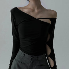 Hnewly Sexy Oblique-neck Long Sleeve T Shirt Y2K Spring Women Hollow Out Off Shoulder Bodycon Crop Top Casual Streetwear Tees