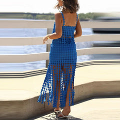 Hnewly  Tassel Hollow Out Slim Club Party Suit New Summer Off Shoulder Long Skirt Beach Outfit Fashion Holiday Solid Color Two Piece Set