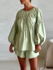 Hnewly  Pleated Solid Women Top Set Wide Leg High Waist Lady Short Sets Casual Summer Lantern Sleeve O-neck Ruffles Lady Shirt Suit