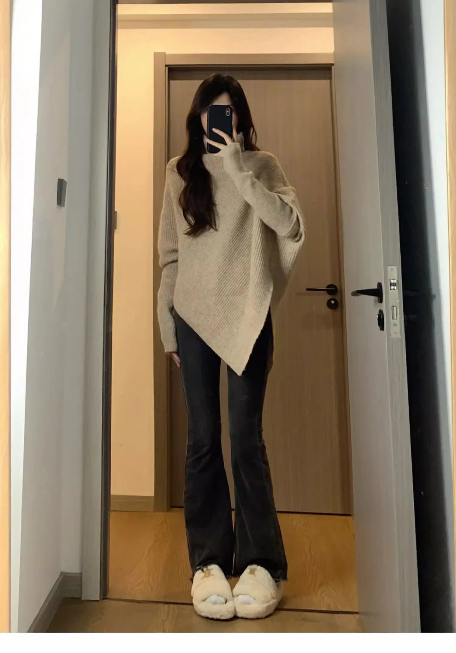 Hnewly  High Neck Irregular Sweater Women's Autumn Winter Korean Version Loose Soft Knitted Top Elegant Long Sleeved Pullover