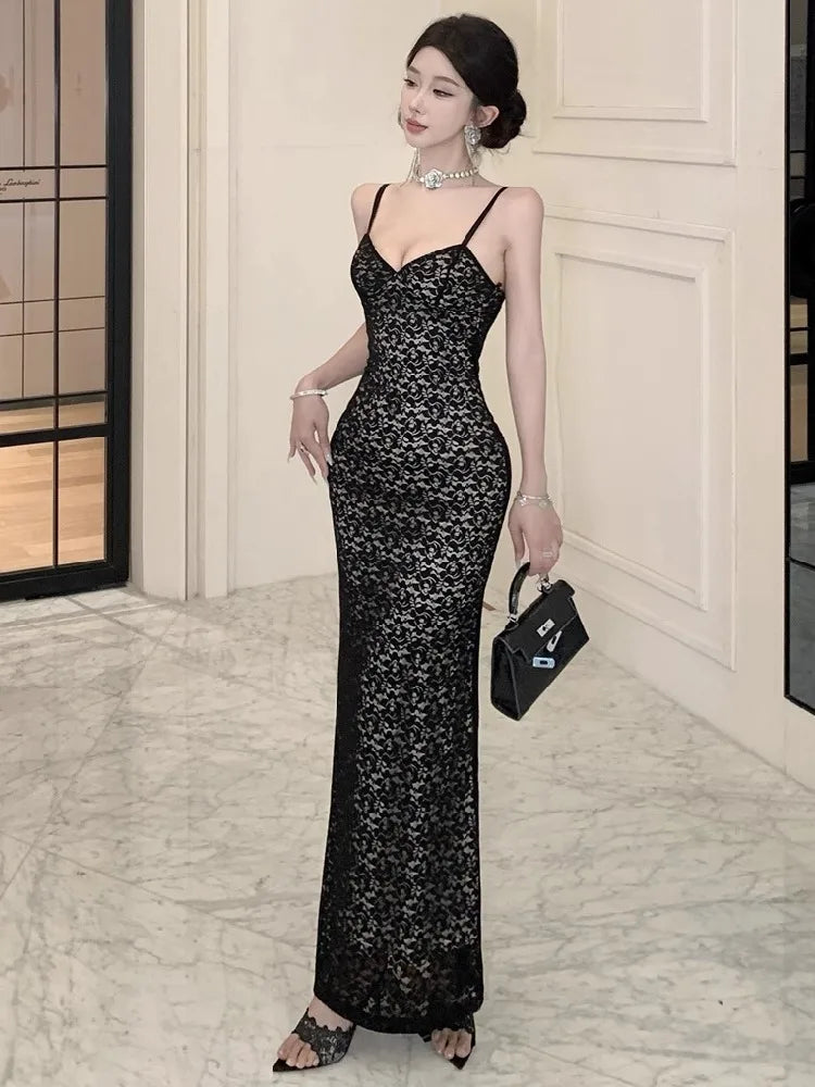 Hnewly  Woman Dress Sexy Elegant Sleeveless V Neck Lace Patchwork Backless Slim Sweet Temperament Party Dresses Female Chic