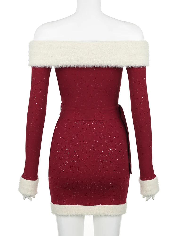 Hnewly Christmas Party Dress Slim Patchwork Fur Trim Bodycon Dress With Belt Casual Slash Neck Long Sleeve Mini Dresses Women