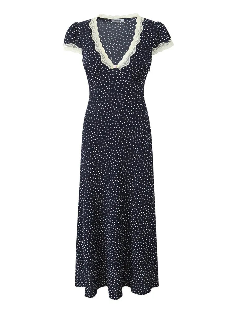 Hnewly Chic Fashion Lace Polka Dot Long Dress V-neck Sexy Women Dress Navy Blue Vintege Elegant Dresses 2025 New Woman Clothing