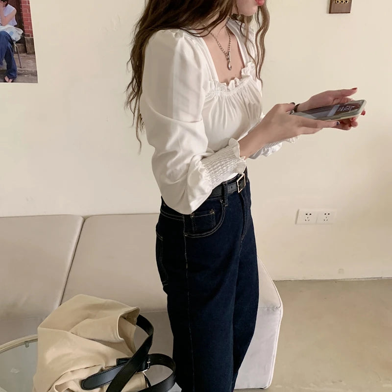 Hnewly Long Sleeve Blouse Women Sexy Ladies Sweet Square Collar Plaid New Design Korean Fashion Slim Casual Edible Tree Fungus Hot Sale