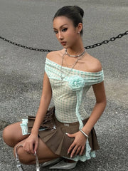 Hnewly Plaid Print Applique Tops Women Mesh See Through Off Shoulder Backless Tassel Hot Girls Street Fashion Trend T-Shirts