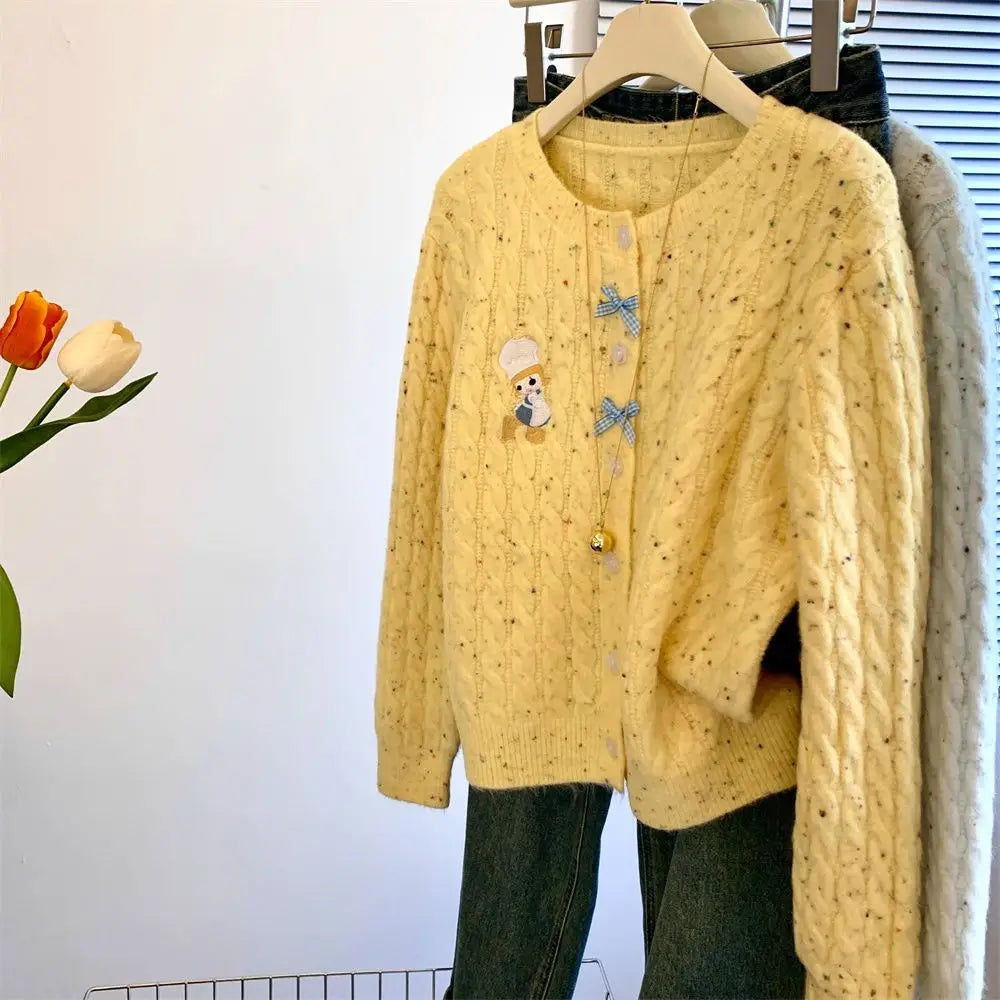 Hnewly  Korean Cartoon Embroidered Sweater Women Spring  Autumn New Soft Long Sleeved Knitted Cardigan O-neck Single Breasted Top